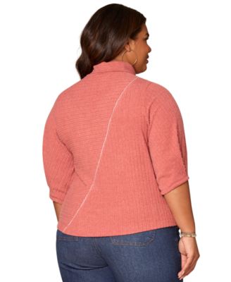 Plus Size Pleated Elbow Sleeve Mock Neck Knit Top