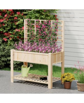 Raised Garden Bed w/ Trellis Wooden Elevated Planter Box w/ Legs & Liner 45'' x 23'' x 59'' (L x W x H)