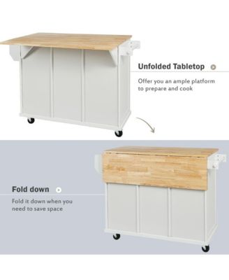Kitchen Island Cart with Drop Leaf, Rubber Wood Top, 3 Drawers & Internal Racks, Rolling Storage on Wheels