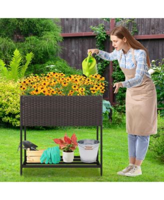 Elevated Planter Box Raised Garden Bed w/ Rattan Surface Bottom Storage Shelf