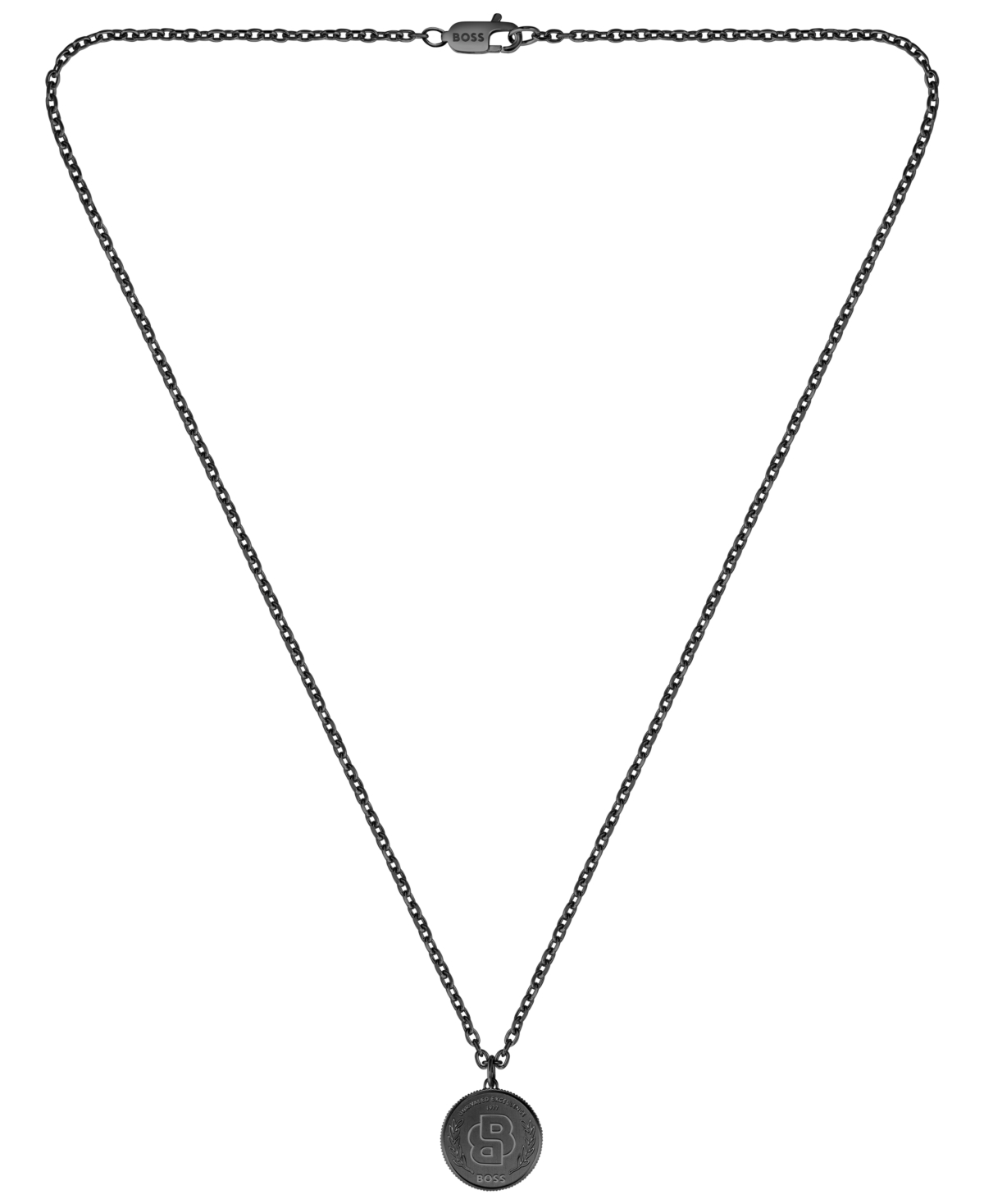 Hugo Boss Double B Coin Ionic Plated Black Stainless Steel Necklace In Black