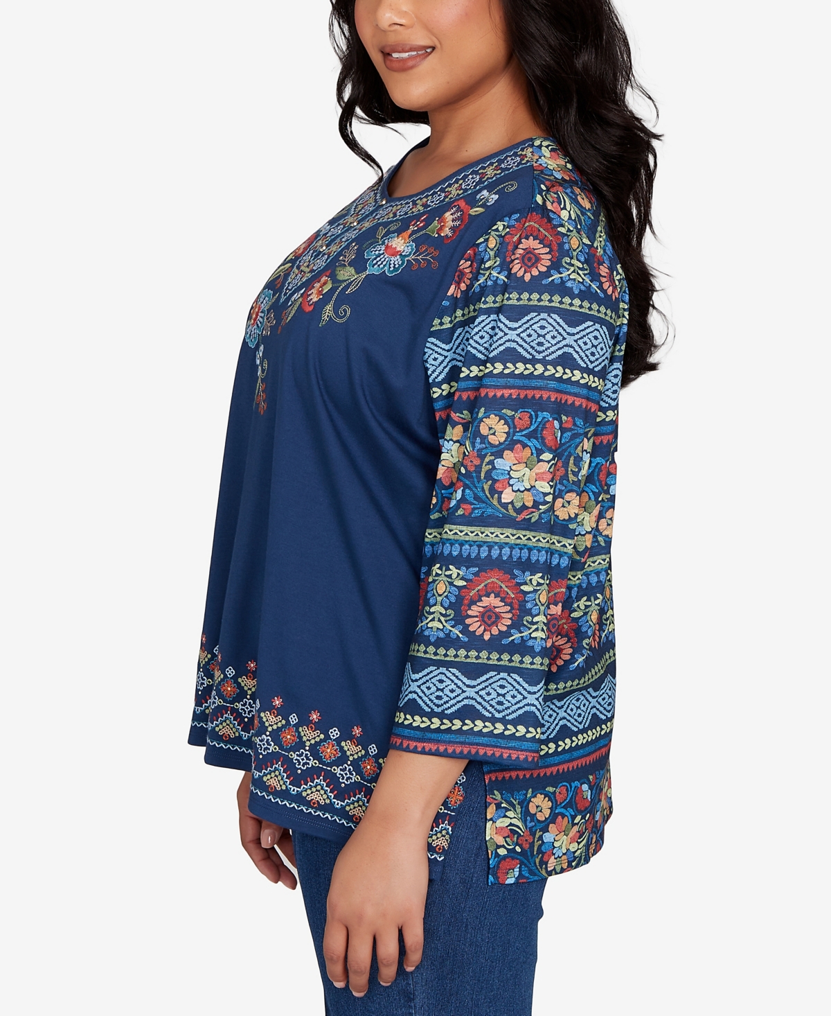 Alfred Dunner Plus Size Sunset Canyon Printed Sleeve Floral Embroidered Top In Blue