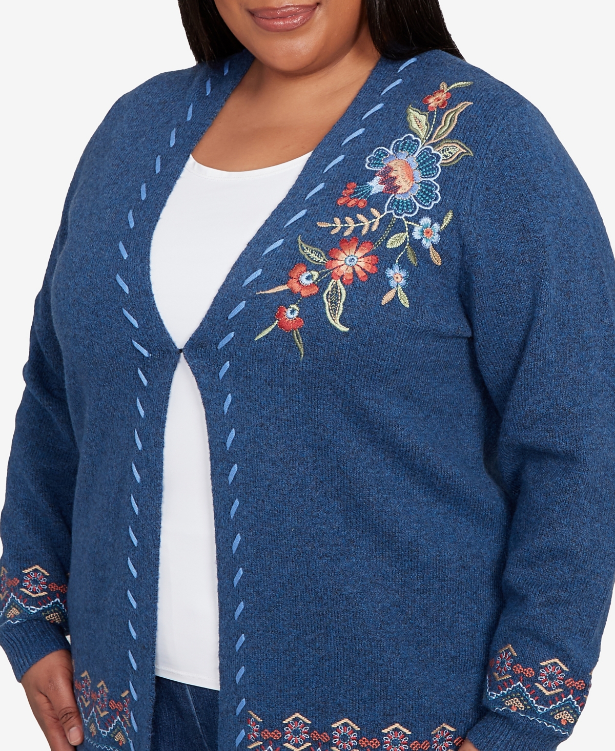 Alfred Dunner Plus Size Sunset Canyon Embroidered Flower Long Sleeve Cardigan Sweater In Blue
