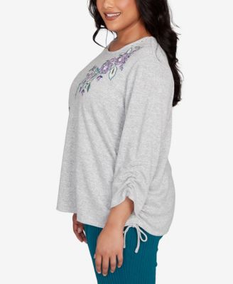 Plus Size Lake Champlain Embroidered Flowers Top with Side Tie Ruching