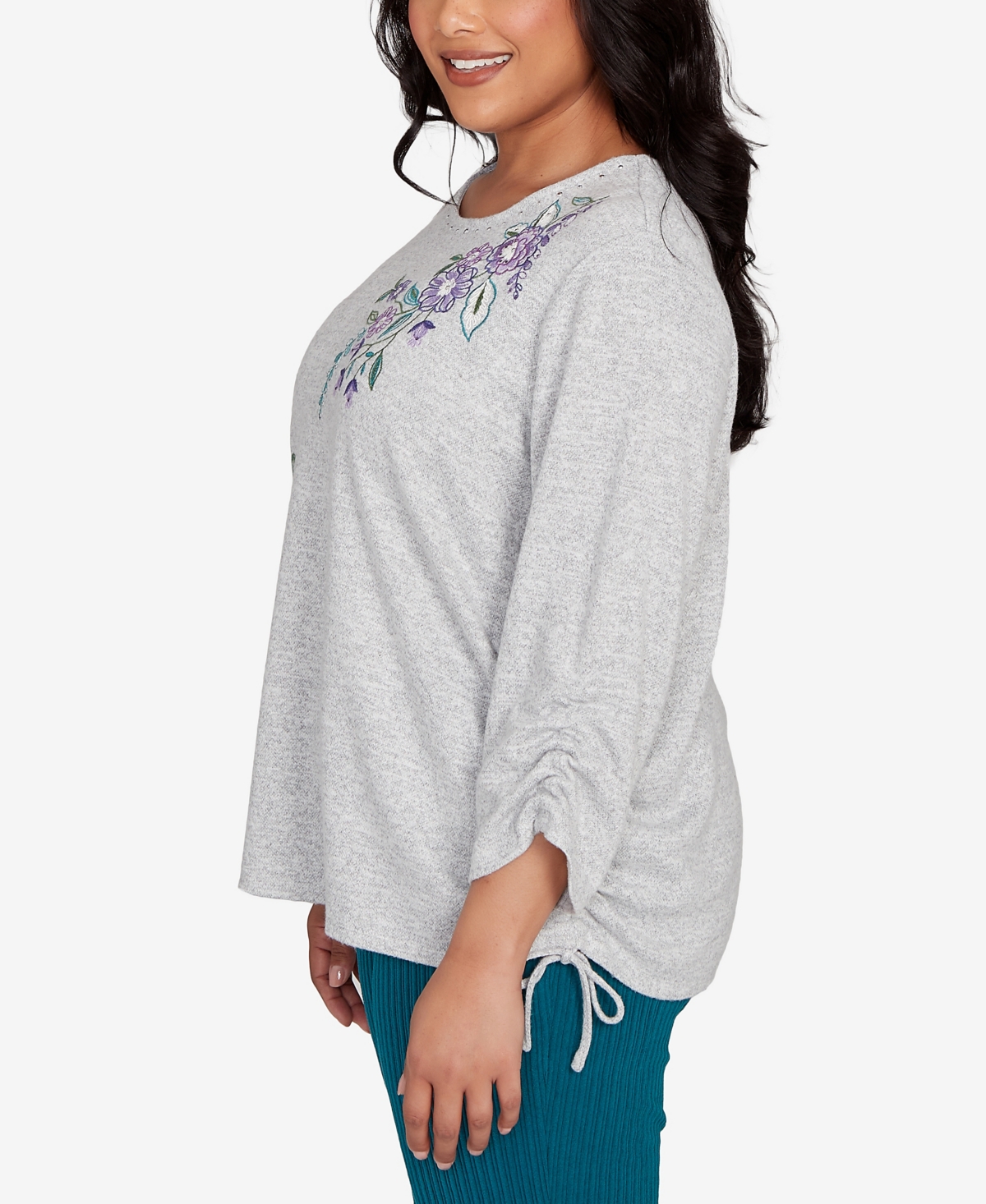 Alfred Dunner Plus Size Lake Champlain Embroidered Flowers Top With Side Tie Ruching In Gray