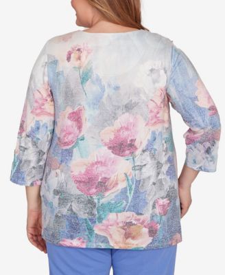 Plus Size Casual Vibe Floral Brushstroke Beaded Split Neck Top