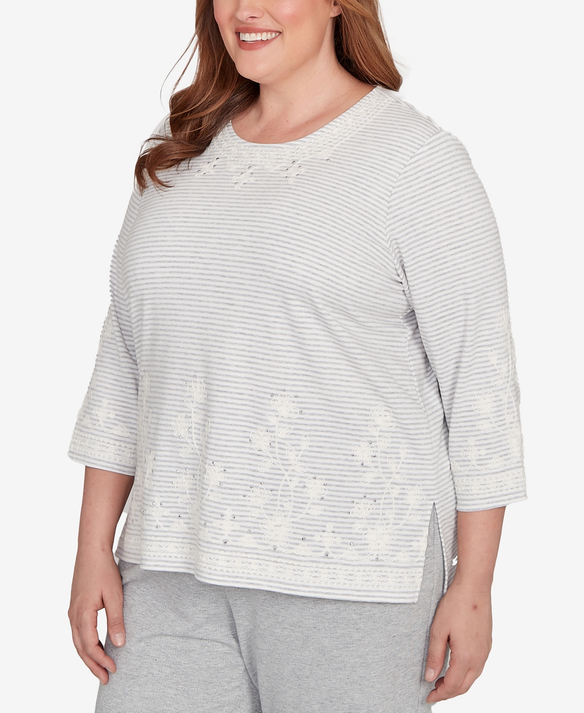 Alfred Dunner Plus Casual Vibe Embellished Striped Crew Neck Top
