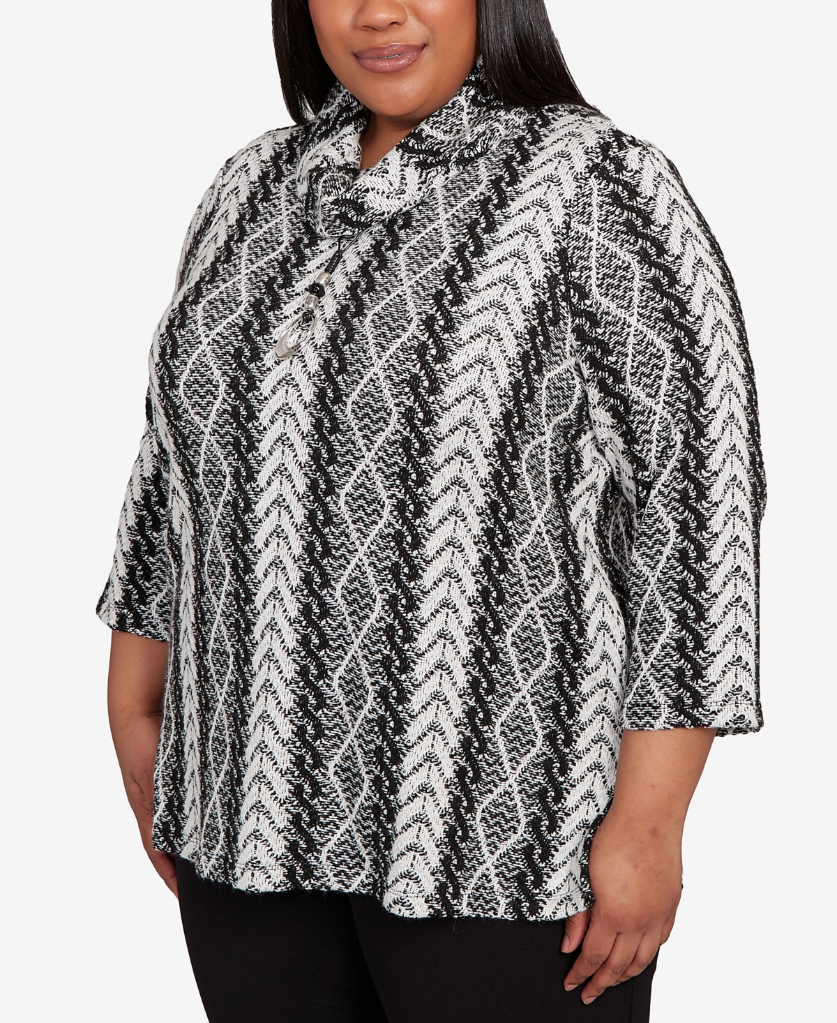 Alfred Dunner Plus Size Jet Setter Cable Jacquard Knit Top With Necklace In Gray