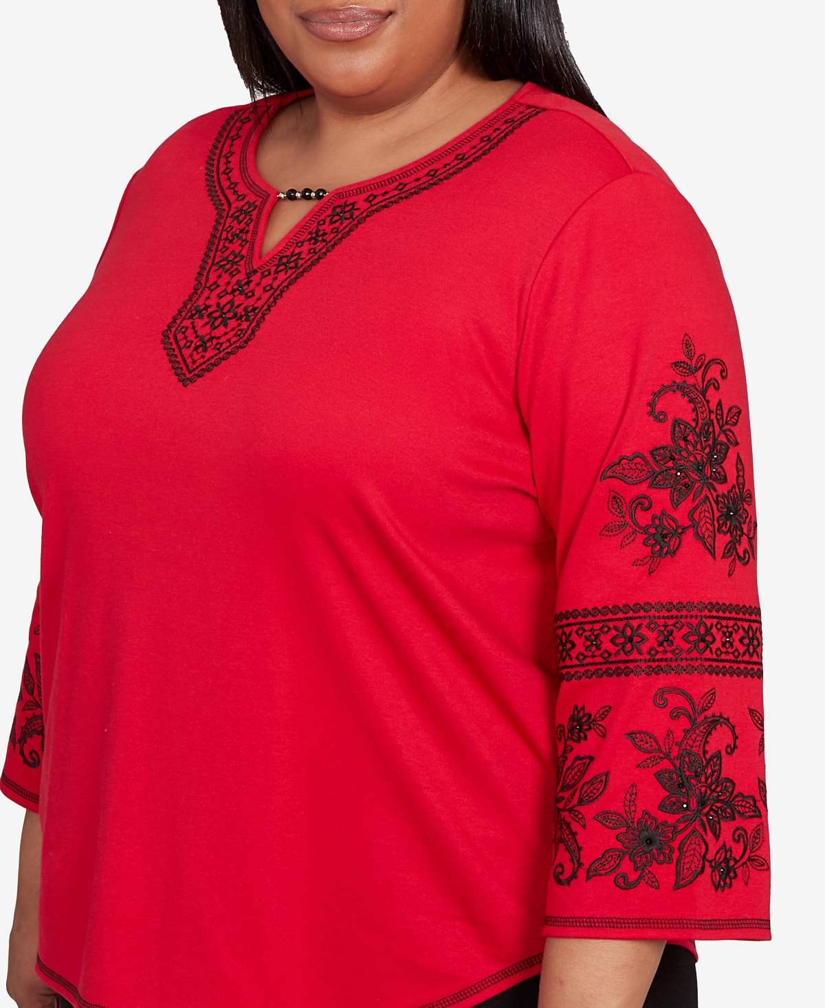Alfred Dunner Plus Size Jet Setter Knit Embroidered Sleeve Beaded Split Neck Top In Red
