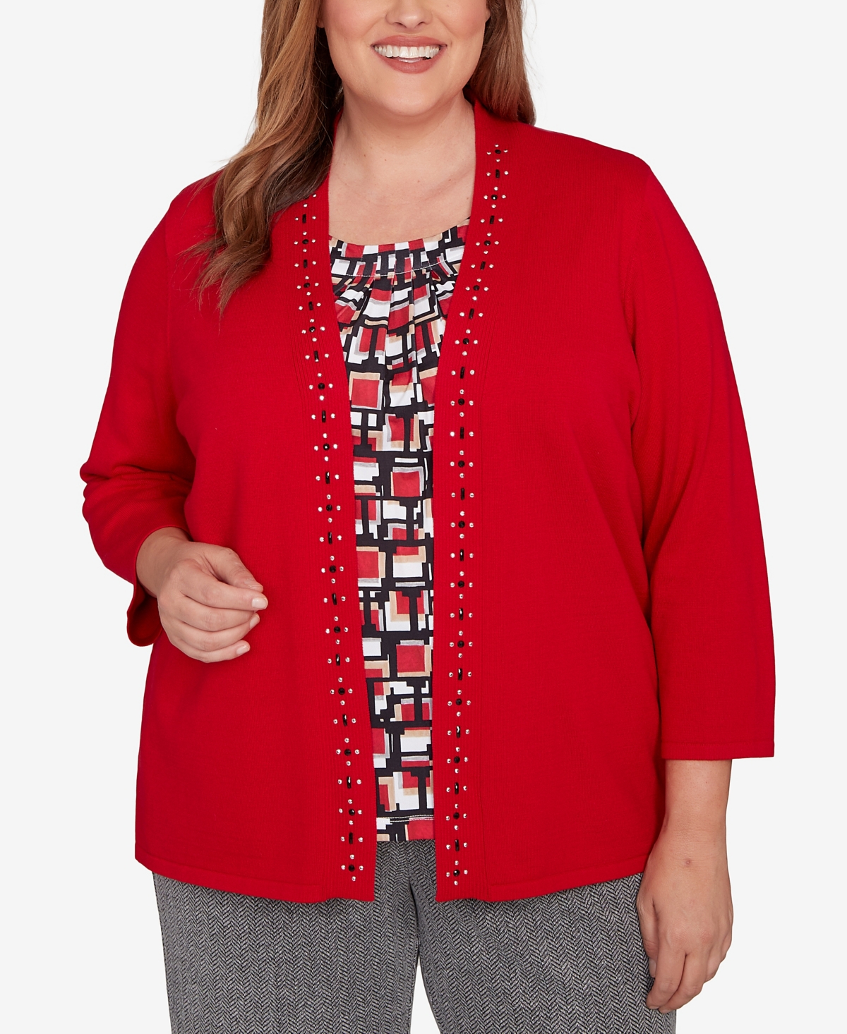 Alfred Dunner Plus Size Jet Setter Geometric Inner Two In One Sweater In Red