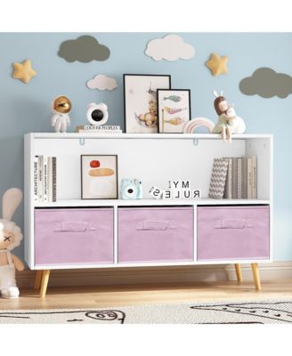 35 in. Wide White/Pink Kids Bookcase with Collapsible Fabric Drawers, Children's Book Display, Toy Storage Cabinet