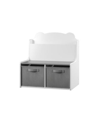 Kids White and Gray Wooden Bookshelf with  Book Display Shelf and 2 Fabric Bins, Cute Bear-Shaped Backboard