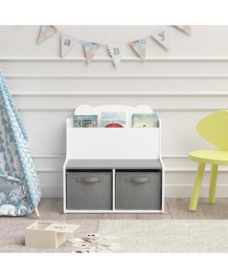 Kids White and Gray Wooden Bookshelf with  Book Display Shelf and 2 Fabric Bins, Cute Bear-Shaped Backboard