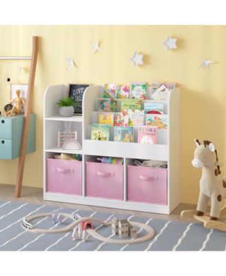 36 in. Wide White/Pink Multifunctional Kids Bookcase and Bookshelf with 3 Collapsible Fabric Drawers Bookcase Display Stand
