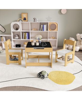Natural Wood 3-in-1 Kids Study Table and Chairs Set with Detachable Blackboard Top for Drawing