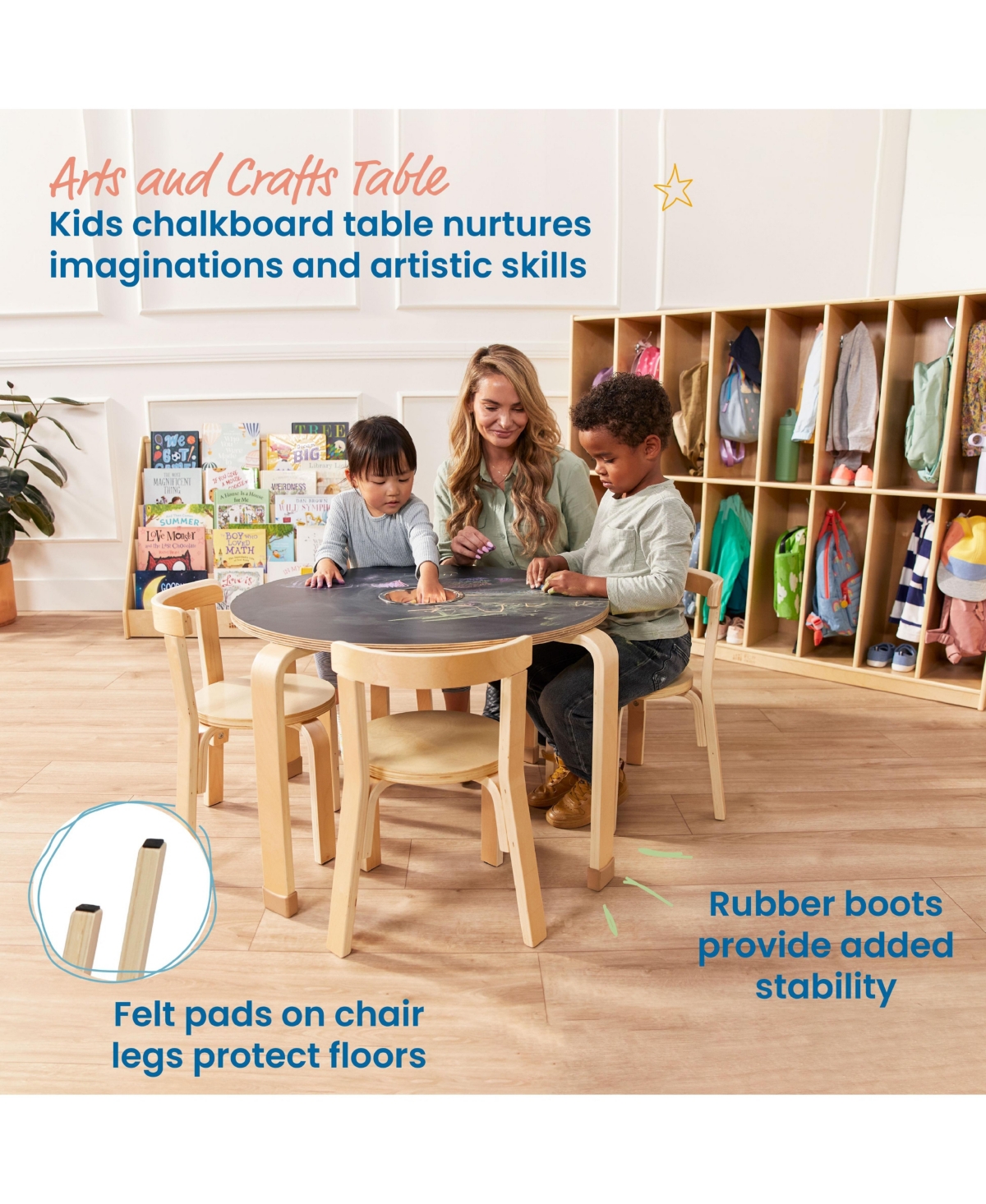 ECR4Kids Bentwood Chalkboard Table and Curved Back Chair Set, Natural, 5-Piece