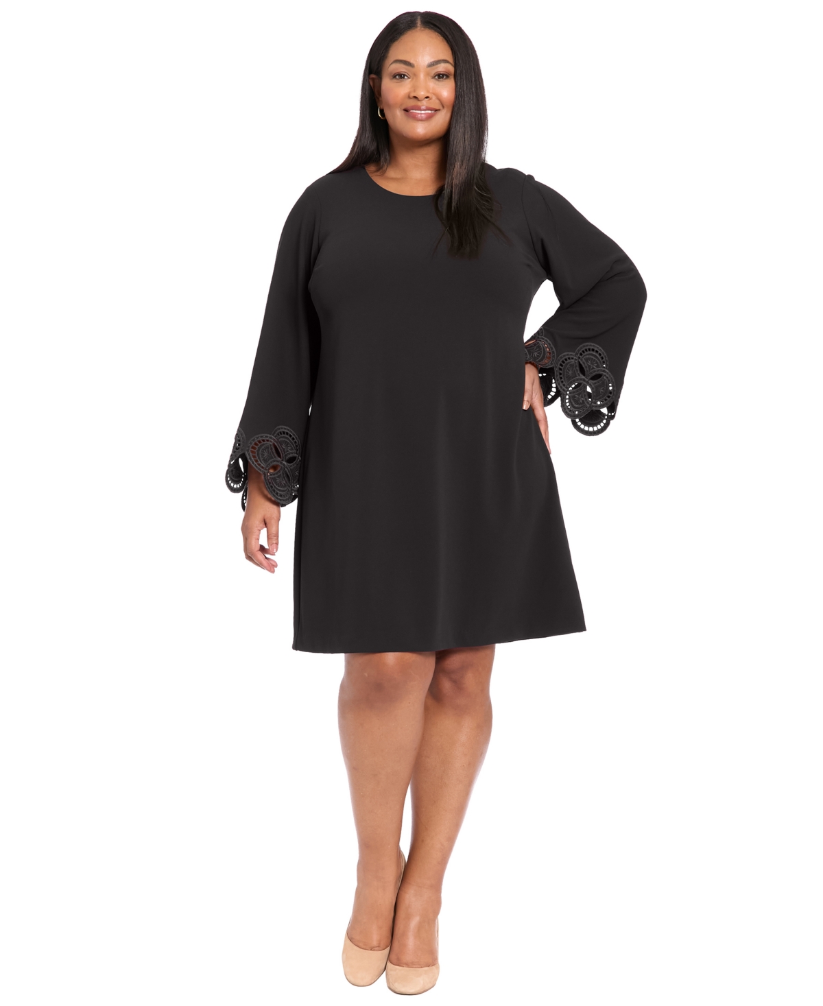 London Times Plus Size Lasercut Long Sleeve Swing Dress In Black