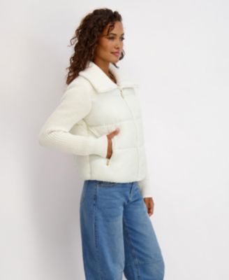 Women's Mixed Media Short Puffer with Knit Sleeves & Collar