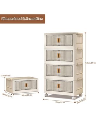 Stackable Storage Bins With Lids, 4-Tier Folding Storage Box,With Doors and Wheels, Collapsible Plastic Storage Bins- for Clothing, Toys