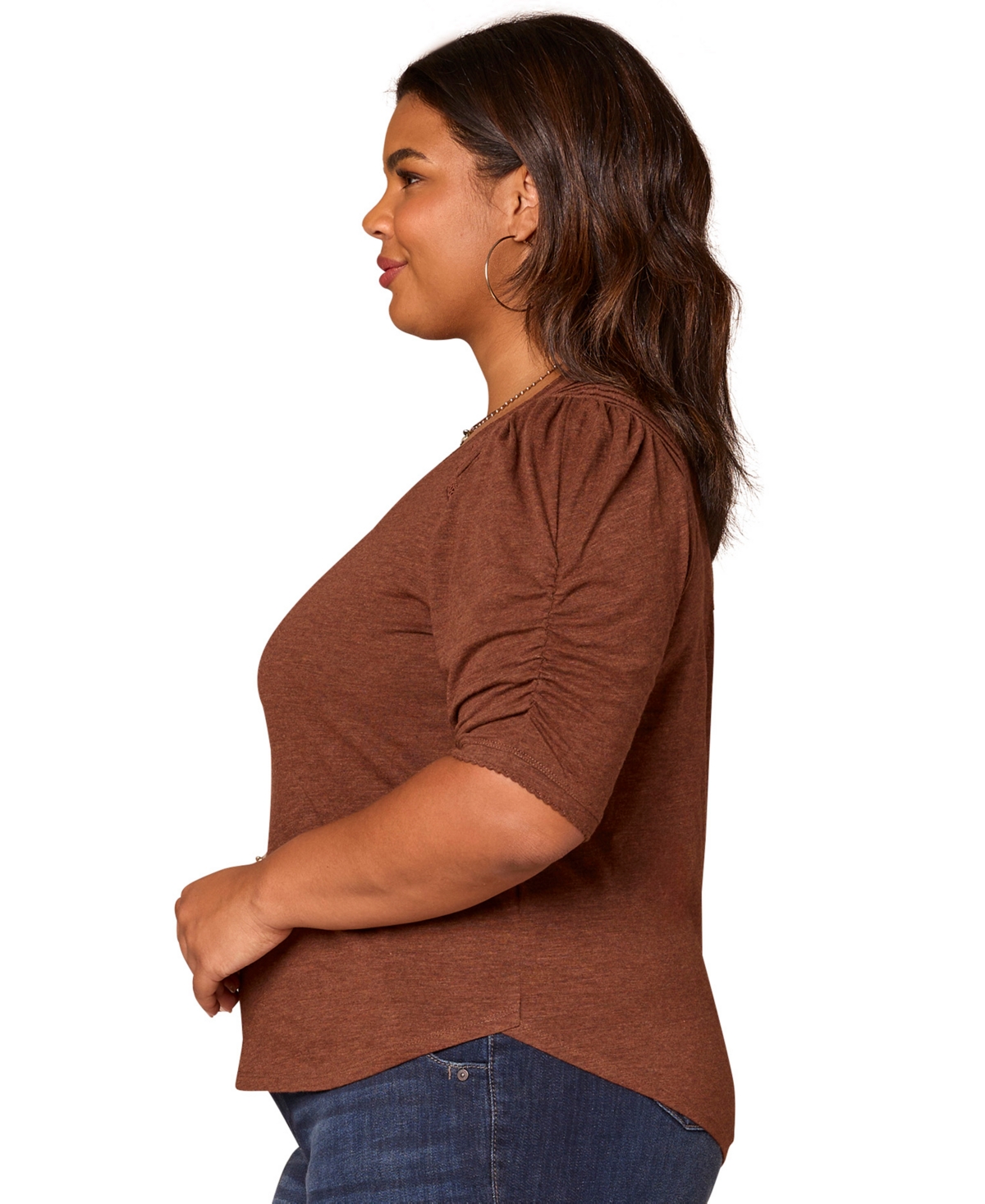 Democracy Plus Size Puff-sleeve V-neck Top In Brown
