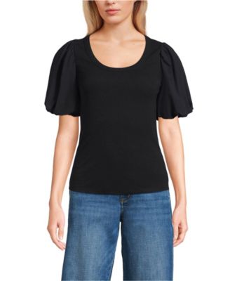 Women's Petite Drapey Rib Puff Sleeve Scoop Neck Top