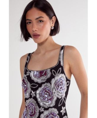 Women's Beaded Flower Sequin Mini Dress