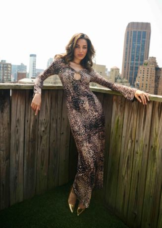 Bebe Women's Long Sleeve Keyhole Maxi Dress - Leopard