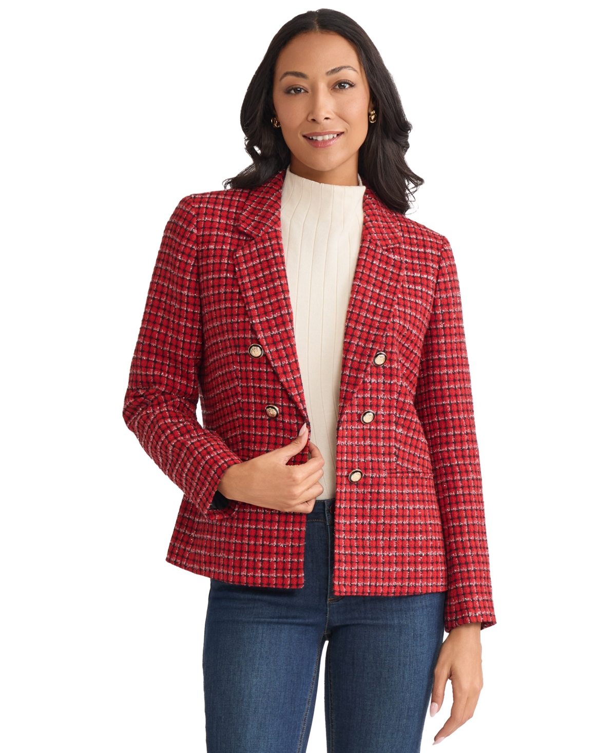 Jones New York Women's Plaid Double Breasted Jacket In Red