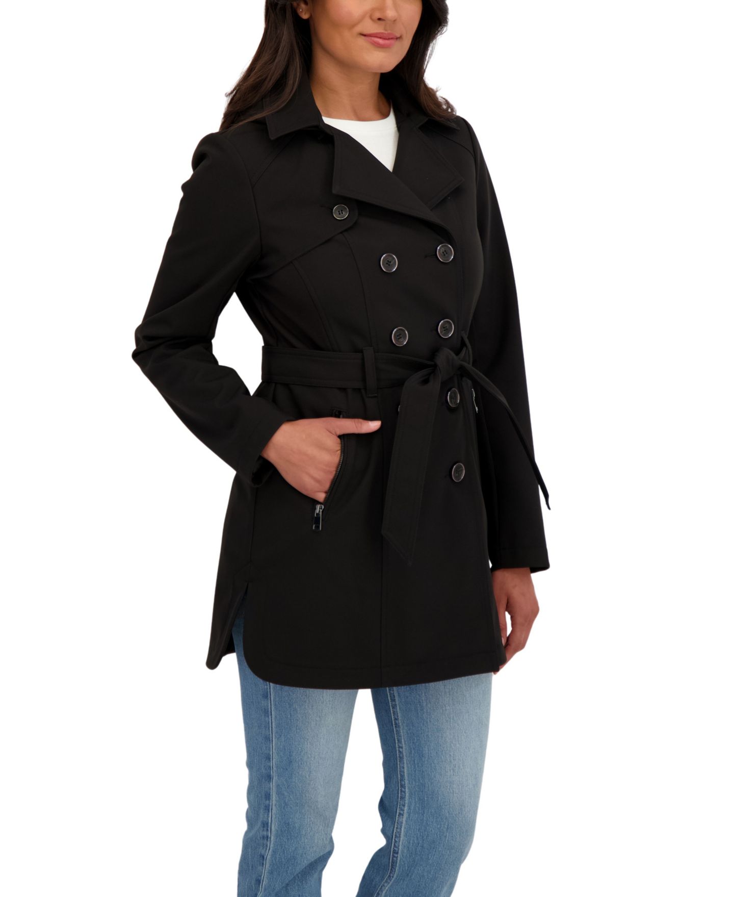 Женское пальто Sebby Collection Belted Double Breasted Soft Shell Trench Coat With Detachable Hood, цвет: Чёрный — фото 3