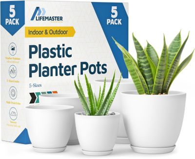 White Plant Pots 5-Pack with Drainage Holes & Saucers, Stackable Indoor & Outdoor Plastic Planters in Multiple Sizes, Durable Matte Finish