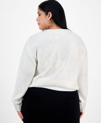 Trendy Plus Foil-Print Drop-Shoulder Crewneck Sweater, Macy's Exclusive