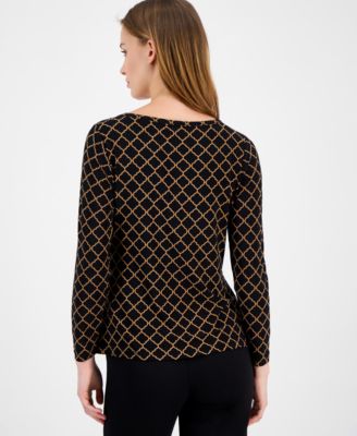 Petite Printed Gathered Long-Sleeve Top