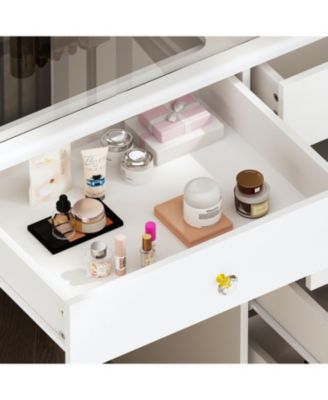 Glass Top 9-Drawers and 3-Mirrors Makeup Vanity Desk ,Dressing Table , Hidden Storage Shelves, LED Lighted
