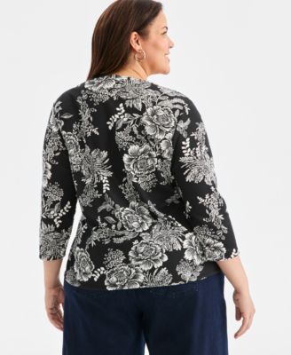 Plus Size Printed 3/4-Sleeve  Henley Top