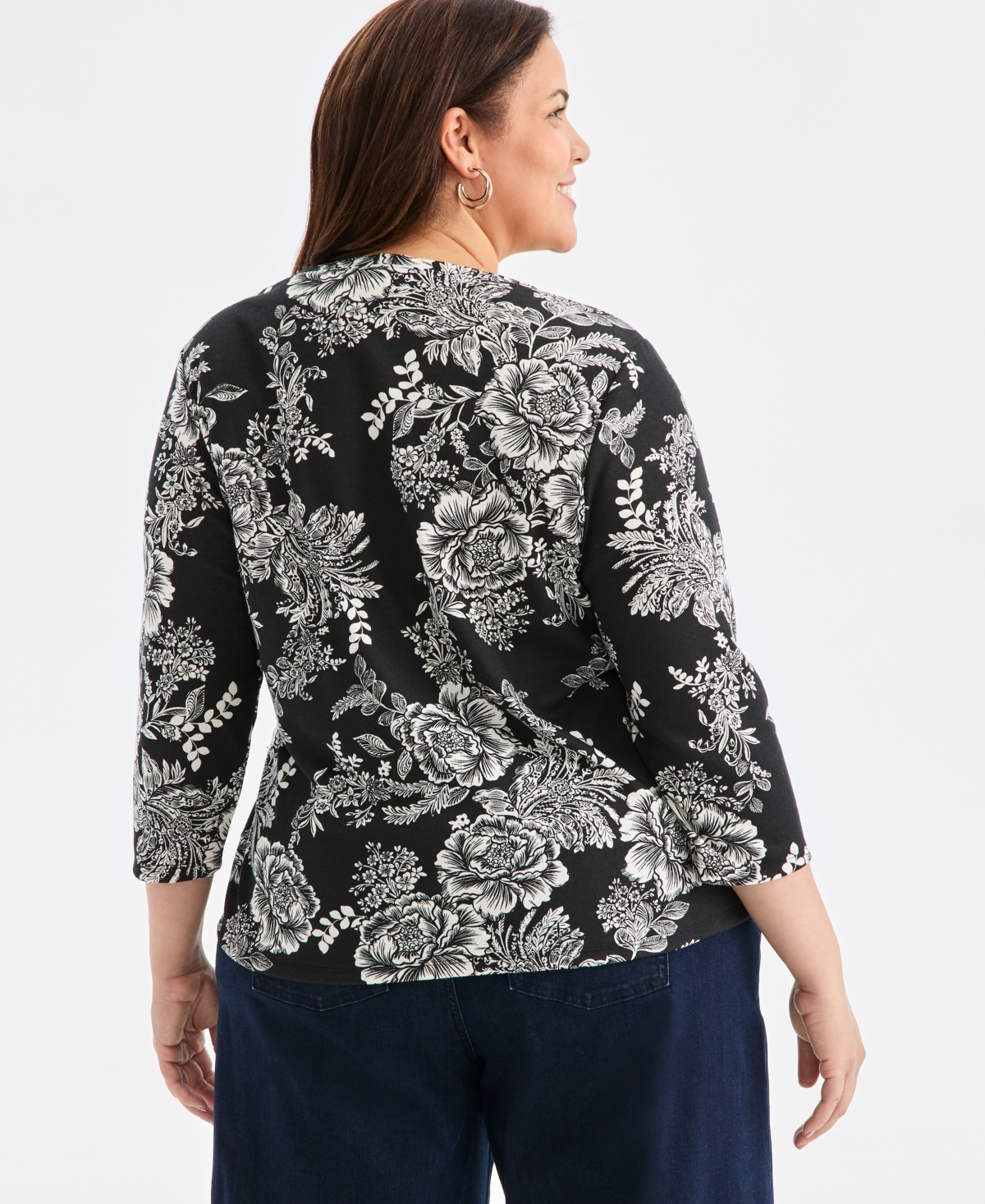 Style & Co Plus Size 3/4-sleeve Cotton Henley Top, Exclusively At Macy's In Black