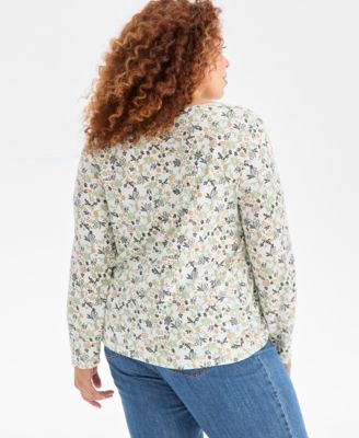 Plus Size PrintedScoop-Neck Long-Sleeve Top, Macy's Exclusive