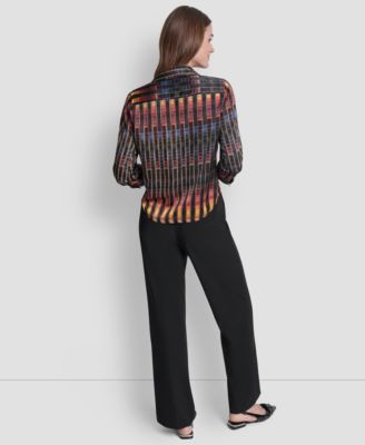 Women's Printed Satin Long Sleeve V-Neck Blouse