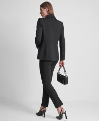 Dkny Womens Two Button Ponte Jacket Covered Placket Long Balloon Sleeve Woven Blouse Straight Pintuck Mid In Black