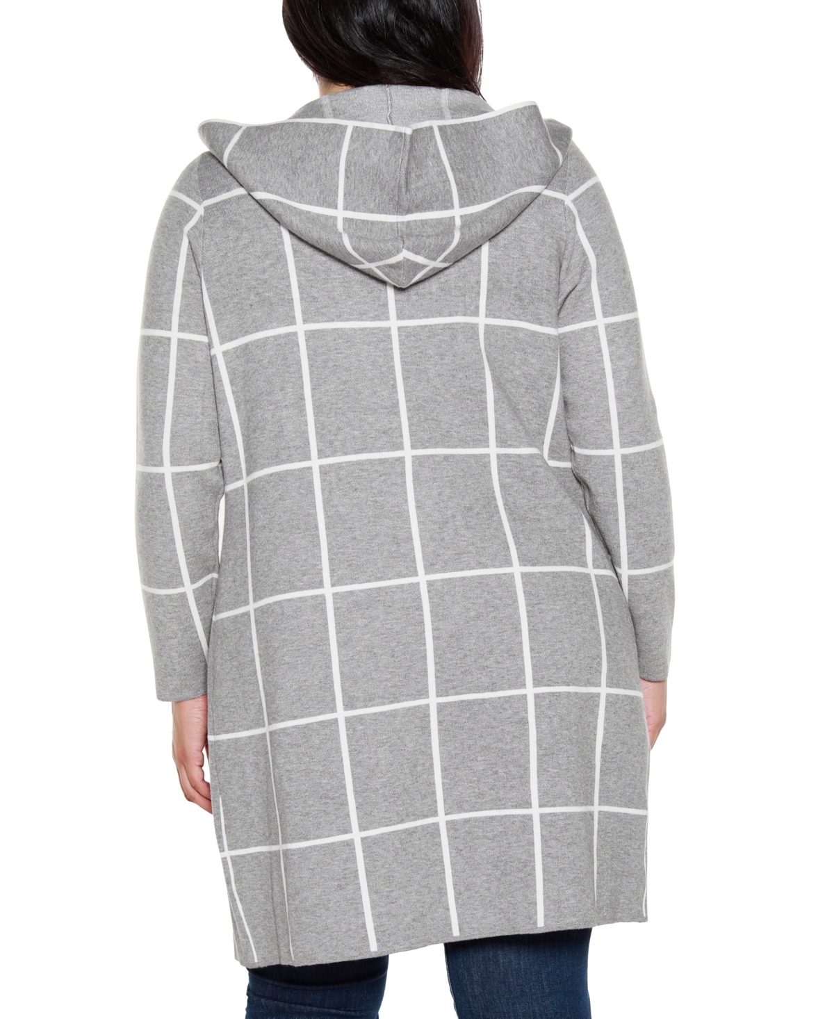 Belldini Plus Size Hooded Windowpane Plaid Cardigan Sweater In Gray