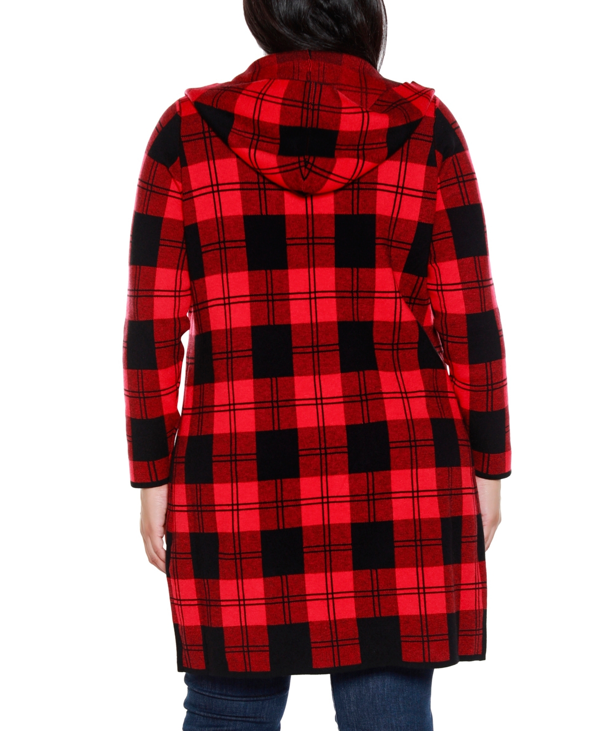 Belldini Plus Size Hooded Checkered Plaid Cardigan Sweater In Multi