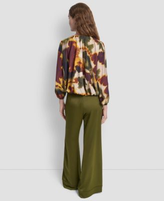 Dkny Womens Long Sleeve Rumpled Voile Printe Blouse Glazed High Rise Seamed Cuff Wide Leg Pants