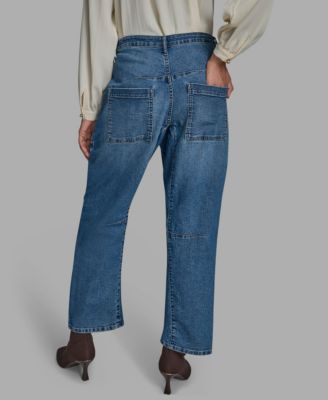 Women's Knee Seam Patch Pocket Barrell-Leg Jeans