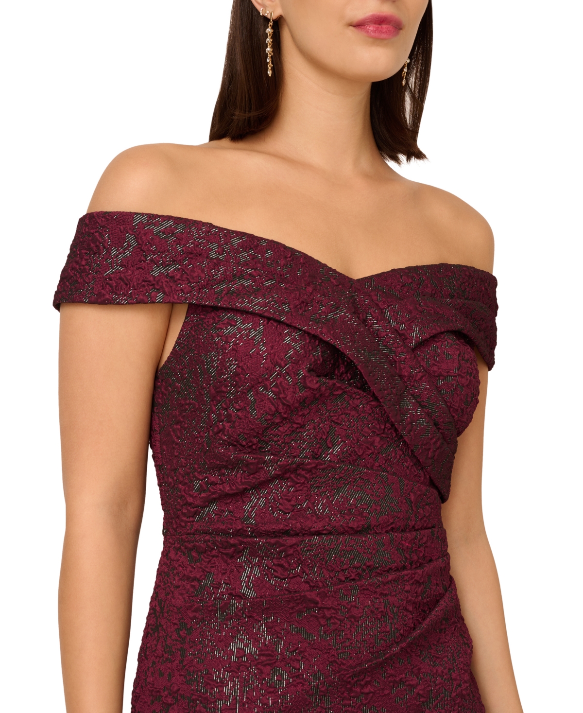 Adrianna Papell Off-the-shoulder Jacquard Gown In Burgundy