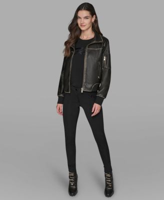 Petite Women's Knit-Trim Faux-Leather Jacket