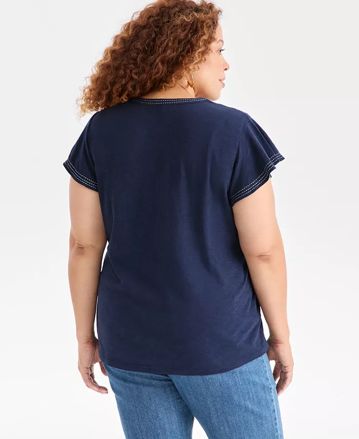 Plus Size Embroidered Flutter-Sleeve Knit Top - thumbnail 8