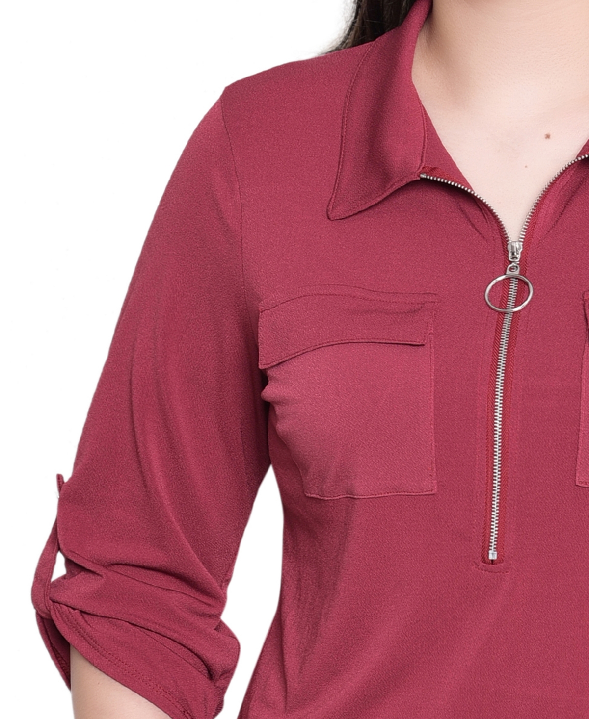 Ny Collection Women's 3/4 Roll Tab Zip Front Top In Burgundy