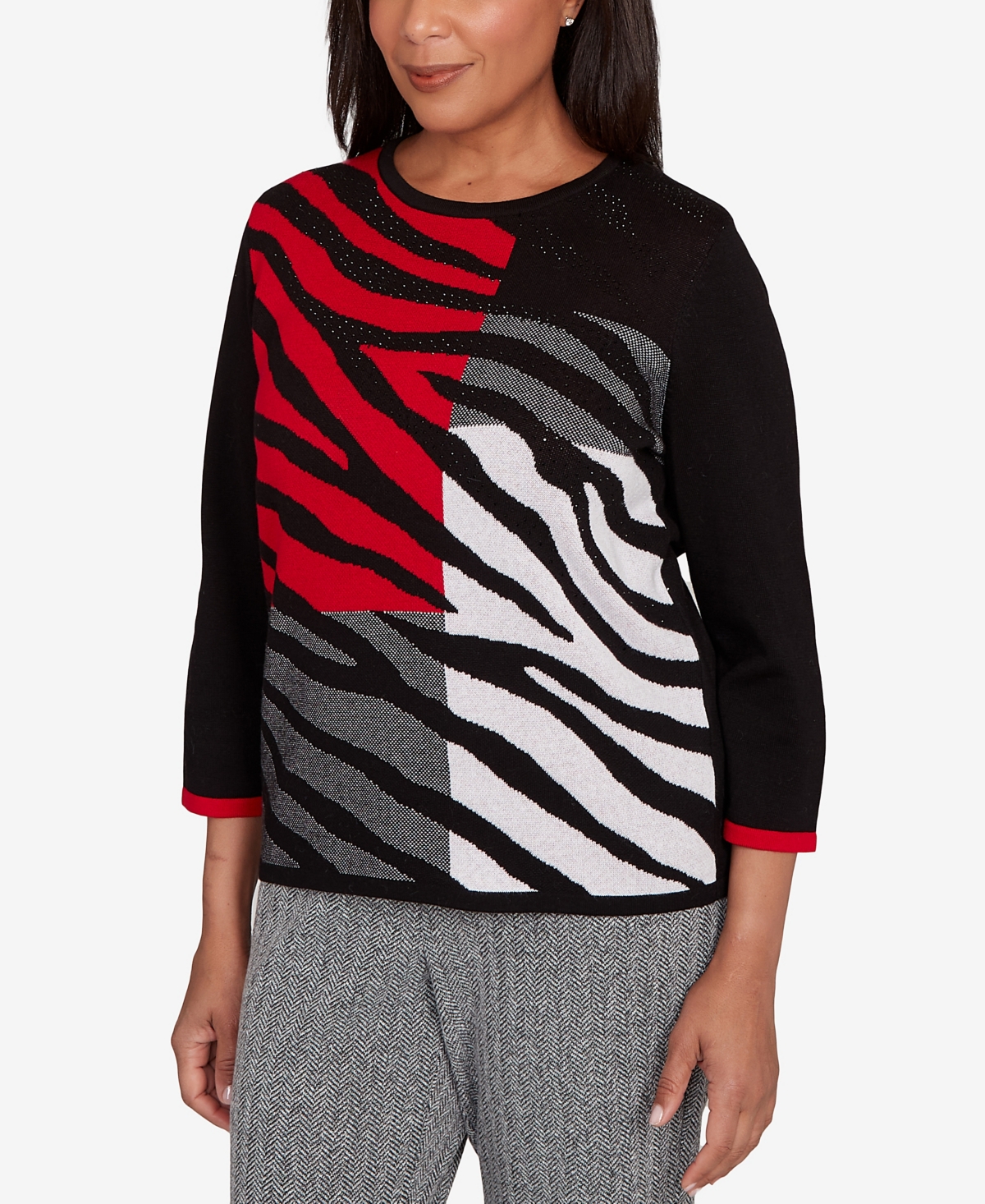 Alfred Dunner Jet Setter Zebra Colorblock Long Sleeve Sweater In Multi