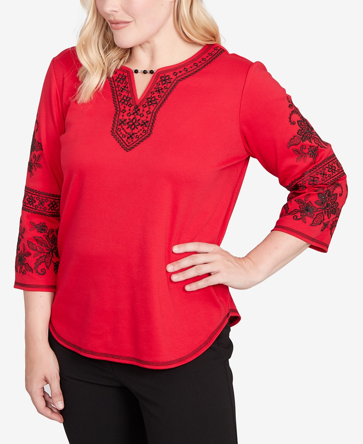 Alfred Dunner Jet Setter Knit Embroidered Sleeve Beaded Split Neck Top In Red