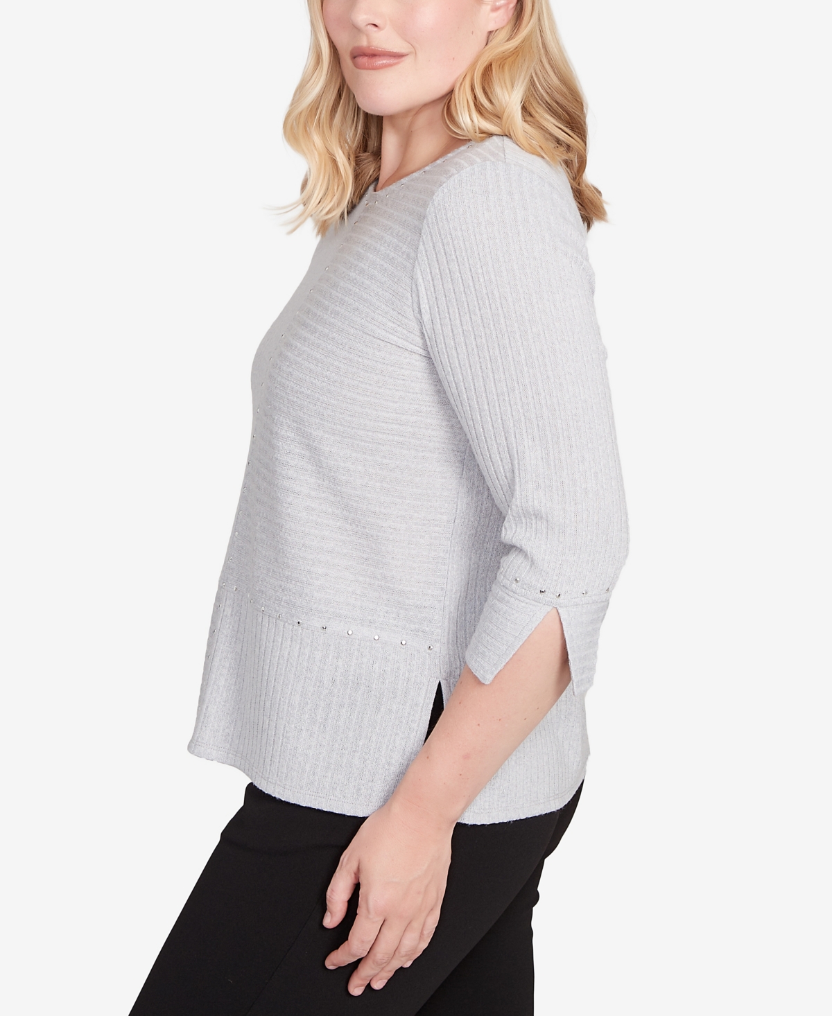 Alfred Dunner Jet Setter Heat Set Embellished Solid Knit Top In Gray