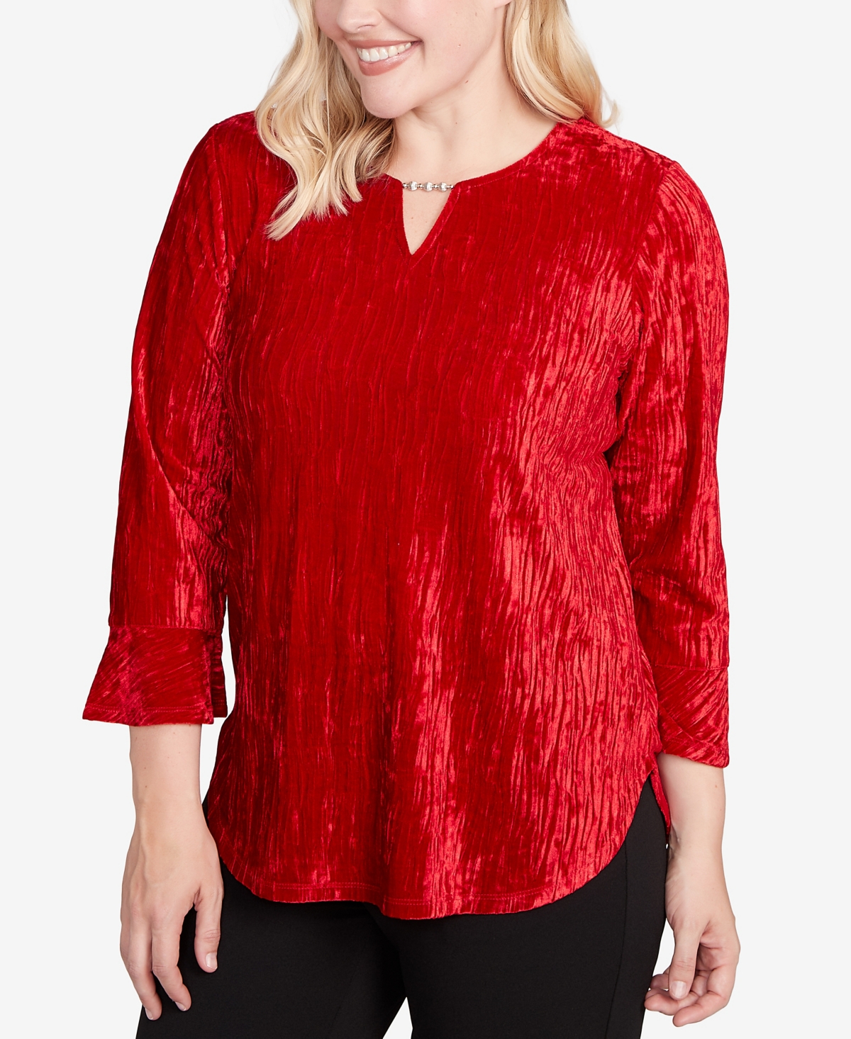 Alfred Dunner Jet Setter Crushed Velvet Henley Tie Sleeve Top In Red